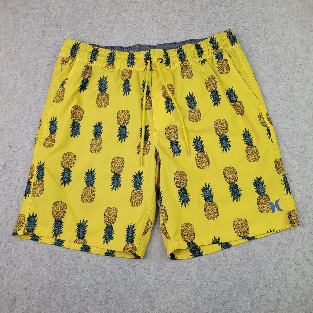 Hurley Volley Yellow Pineapple Lined Swim Shorts Active Trunks Men's Large